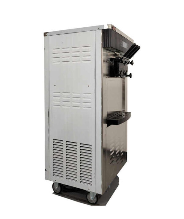 Vista lateral de la Máquina de Helados Soft Pedestal Vista lateral de la máquina de helados soft pedestal FRIGONOR, fabricada en acero inoxidable para negocios.