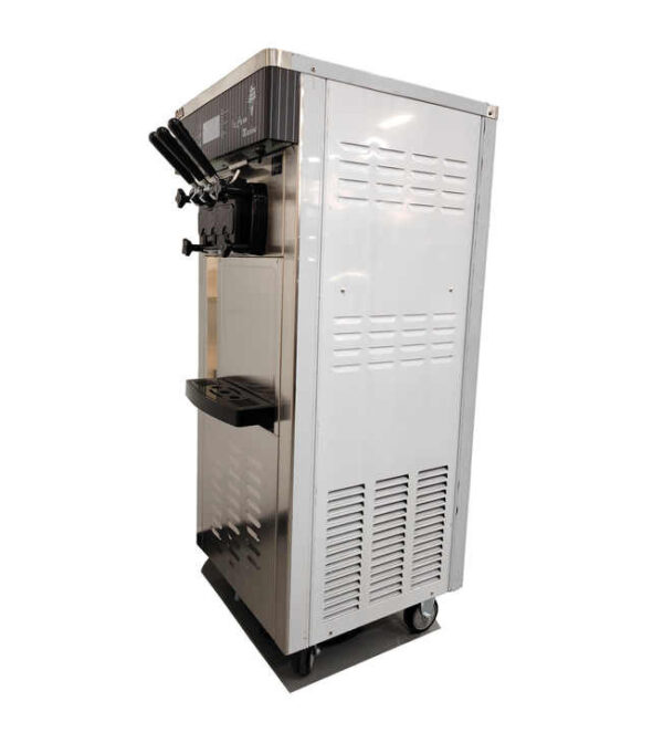 Vista lateral trasera de la Máquina de Helados Soft Pedestal FRIGONOR Vista lateral trasera de la máquina de helados soft pedestal FRIGONOR, ideal para heladerías y restaurantes.